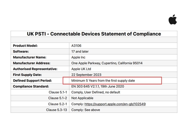 苹果承诺iPhone15享有5年安全更新：比三星和谷歌少2年