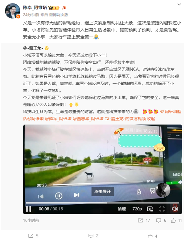 躲大象后又救羊阿维塔车主雨天开启智驾：华为NCA轻松绕行