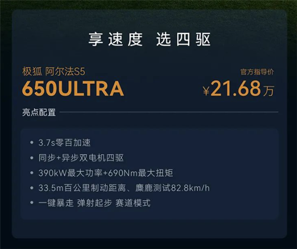 全球量产风阻低过小米SU7极狐阿尔法S5上市：17.68万起