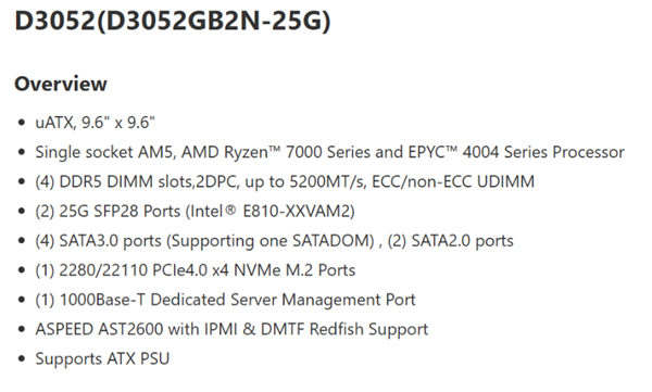 直接用上双25GbpsSFP28网口！微星推出D3052AM5主板