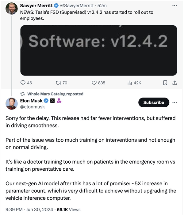 特斯拉FSD新版本推送延迟马斯克：太多精力放在干预性操作训练