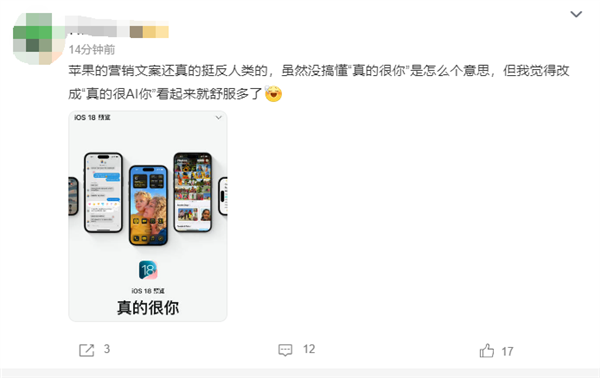 苹果官网iOS18宣传文案“真的很你”遭吐槽网友：比机翻还机翻