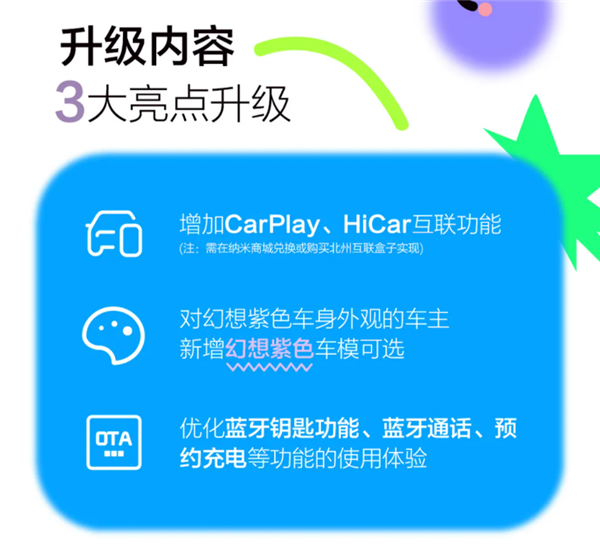 新增苹果CarPlay、华为HiCar东风纳米01推OTA升级：可能需花钱