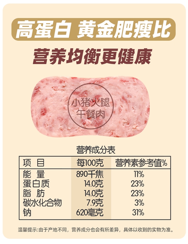 猪肉含量≥90%：小猪呵呵火腿午餐肉3罐26.9元包邮