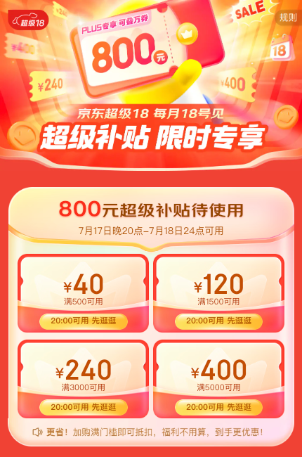 可叠万券：京东超级18PLUS领800元超级补贴、200减20优惠券