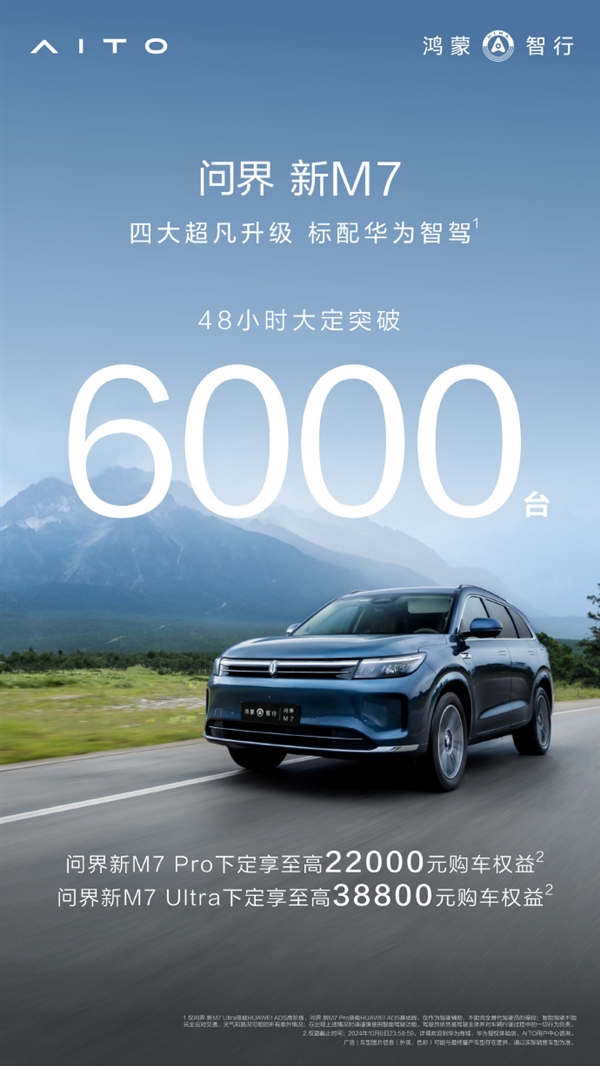 标配华为智驾问界新M7仅48小时内大定6000台