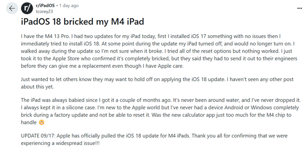 苹果iPadOS18更新翻车！M4版iPadPro升级黑屏变砖