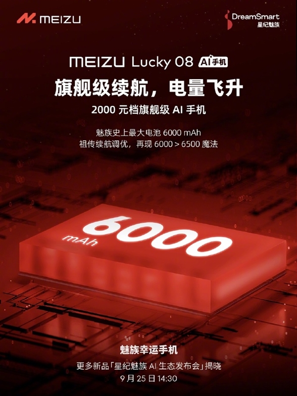 魅族史上最大！魅族Lucky08配备6000mAh电池：比友商6500mAh更优(魅族v8电池多少毫安)