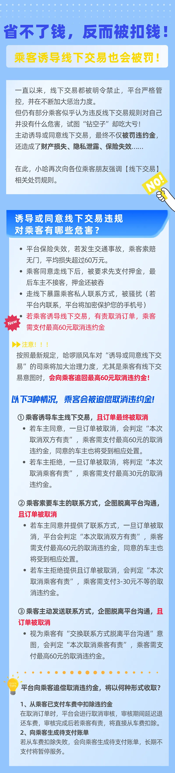 哈啰顺风车警告：乘客诱导线下交易并取消订单需交最高60元违约金